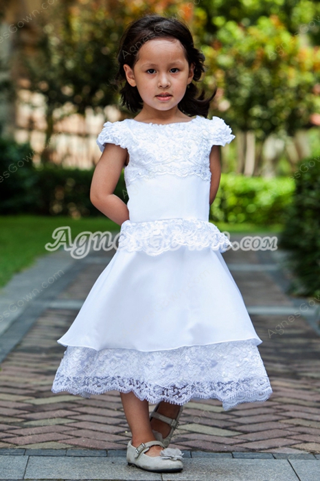 Boat Neckline Short Sleeves Tea Length Toddler Flower Girls Dress 