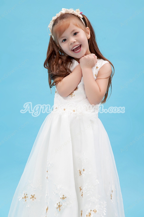 Beautiful V-Neckline Full Length Toddlers Flower Girl Dress With Gold Sequins  
