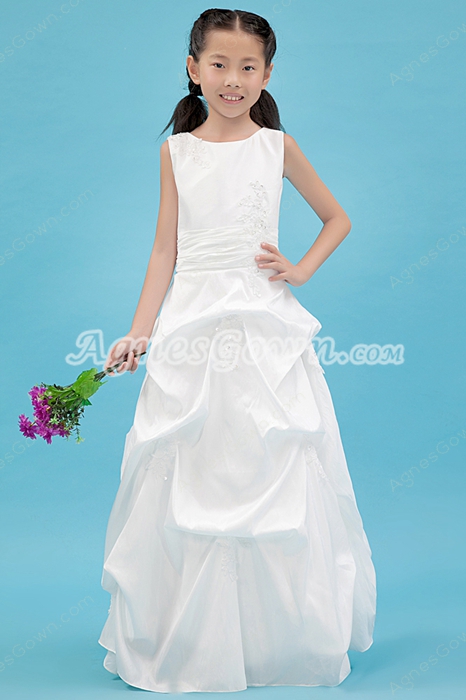 Scoop Neckline Puffy Floor Length White Taffeta Flower Girl Dress  