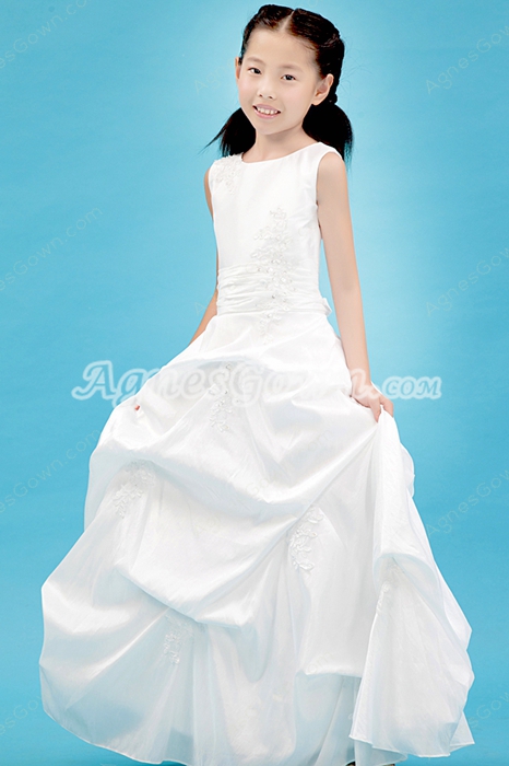 Scoop Neckline Puffy Floor Length White Taffeta Flower Girl Dress  