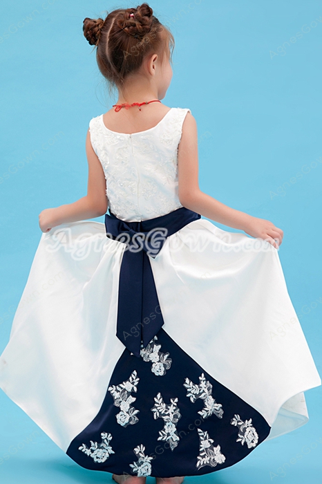 Square Neckline Ankle Length Infant Flower Girl Dress With Navy Blue Sash 