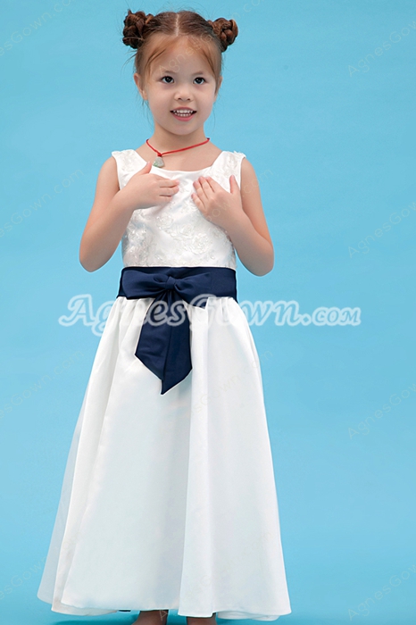 Square Neckline Ankle Length Infant Flower Girl Dress With Navy Blue Sash 