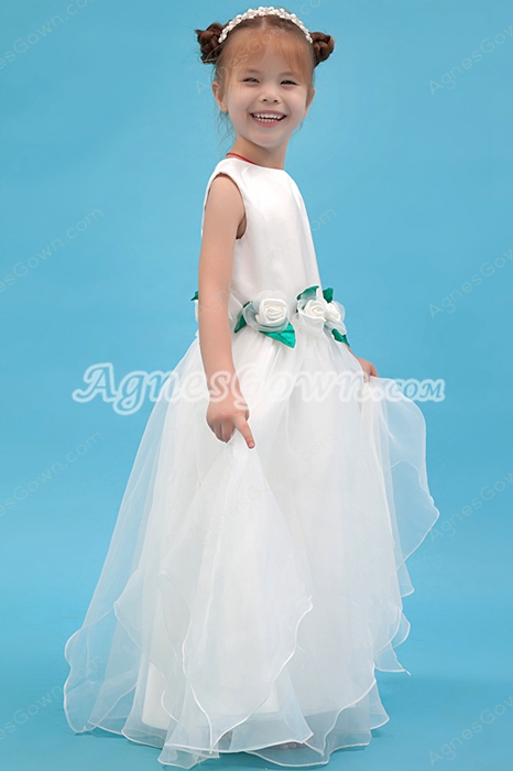 Jewel Neckline Puffy Floor Length Organza Flower Girl Dress With Flowers 