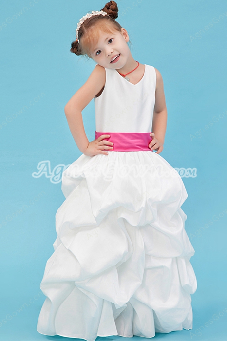 V-Neckline Puffy Taffeta Toddler Flower Girl Dresses With Fuchsia Sash  
