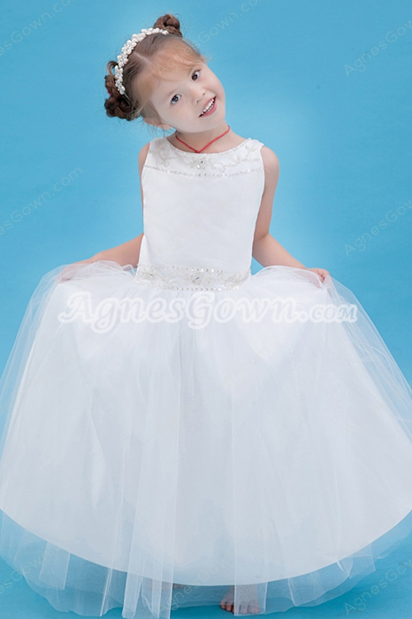 Scoop Neckline White Tulle Ball Gown Flower Girl Dress 