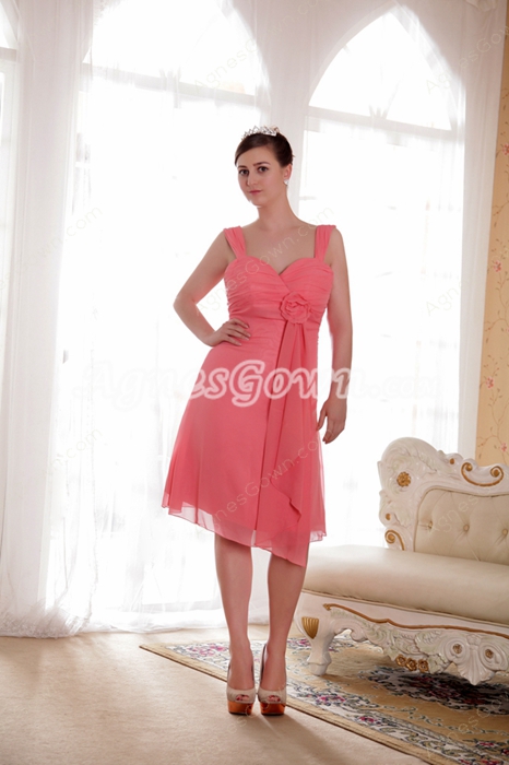 Beautiful Straps A-line Knee Length Watermelon Chiffon Junior Prom Dress 