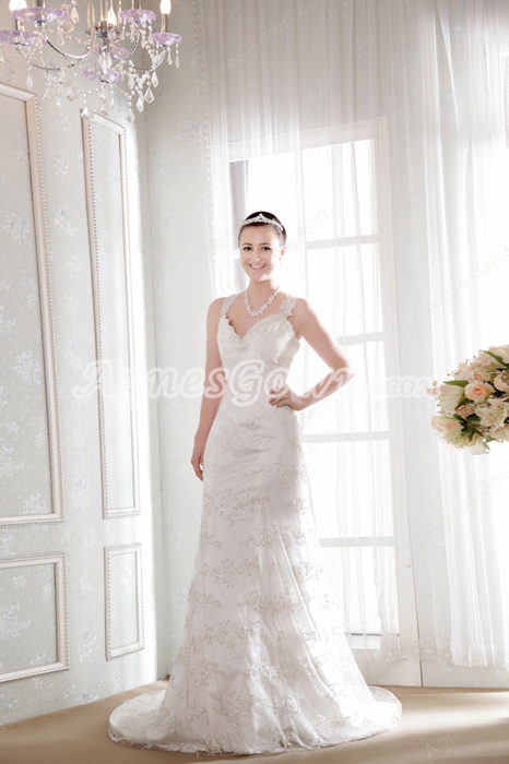 Grecian A-line Full Length Lace Wedding Dress With Beads 