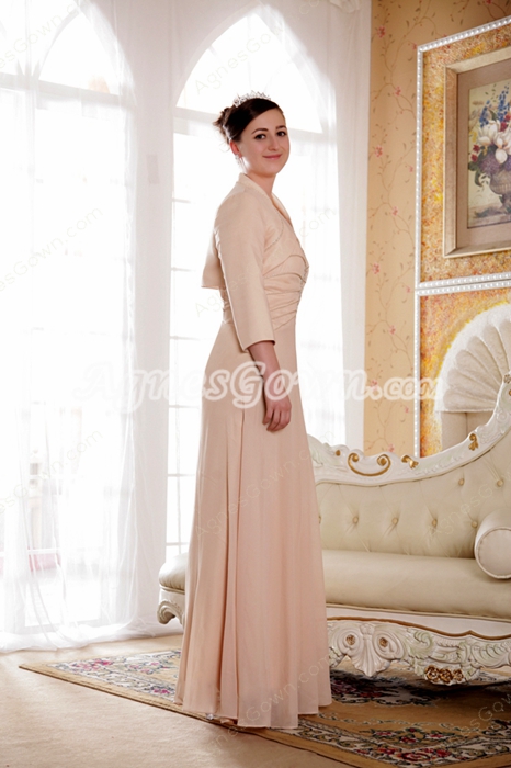 Column Full Length Champagne Mother Of The Bride Dress With 3/4 Sleeve Jacket 