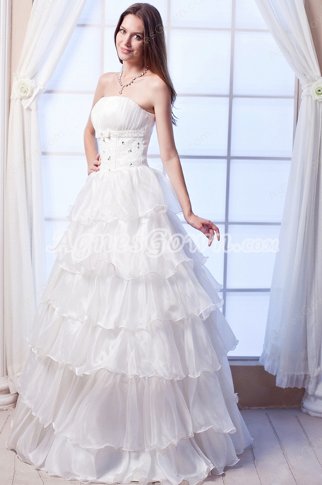 Strapless Puffy Floor Length Tiered Organza Quinceanera Dress 