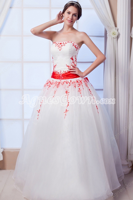 Simple Strapless White And Red Tulle Ball Gown Quinceanera Dress 