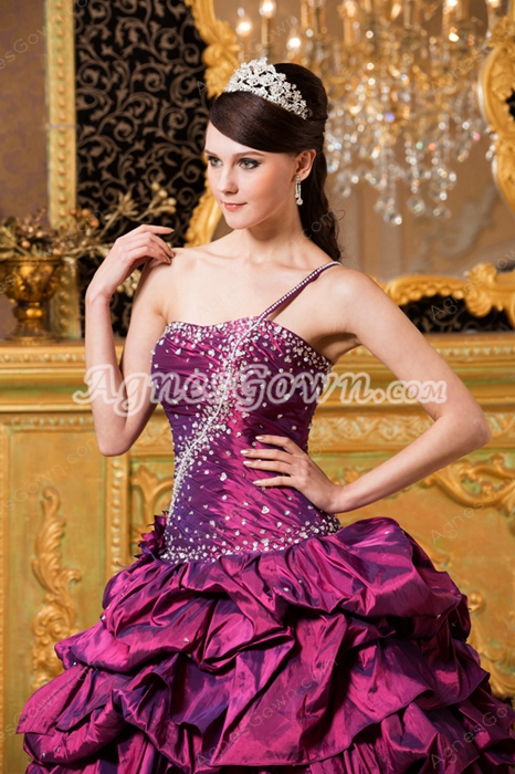 Mystic One Straps Ball Gown Grape Taffeta Quince Dress With Rosette 