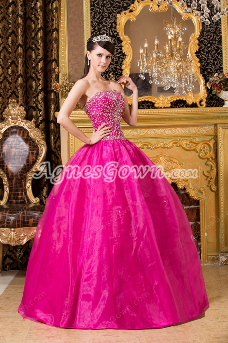 Embroidery Beads Strapless Ball Gown Fuchsia Organza Sweet 15 Dress 