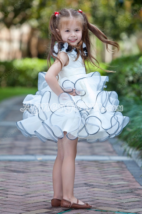 Mini Length Ruffled White & Silver Tutu Flower Girl Dress 
