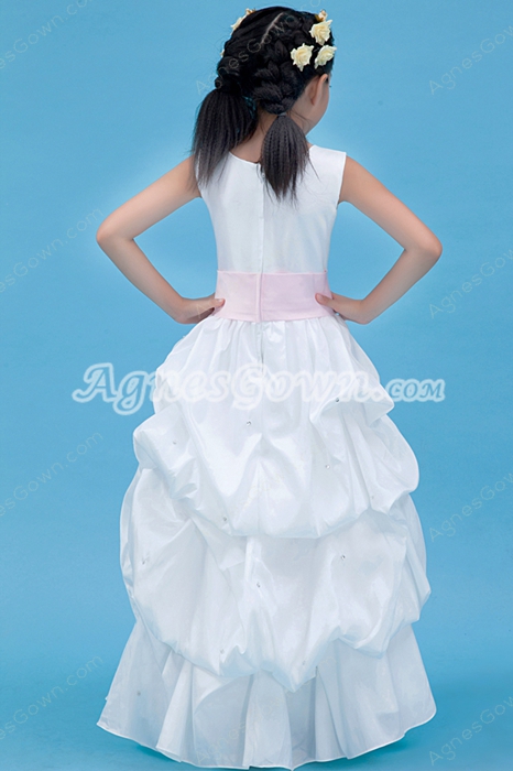 Jewel Neckline Full Length White Taffeta Mini Bridal Dress 
