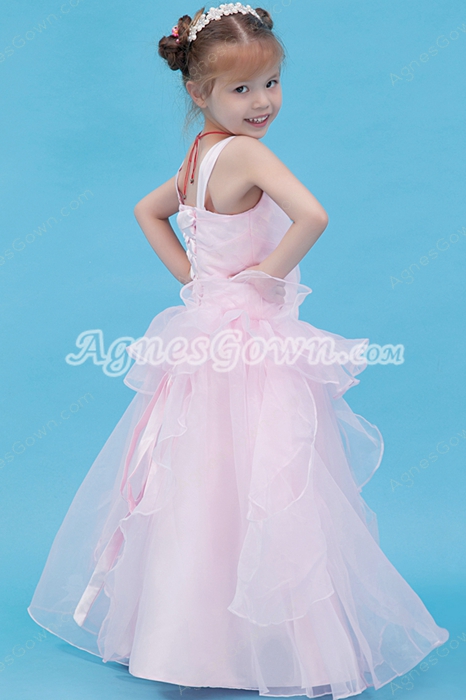 Lovely Straps Puffy Floor Length Pearl Pink Flower Girl Dress 