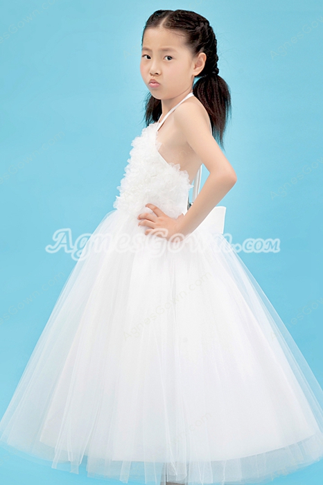 Puffy Ankle Length White Tulle Halter Flower Girl Dress 