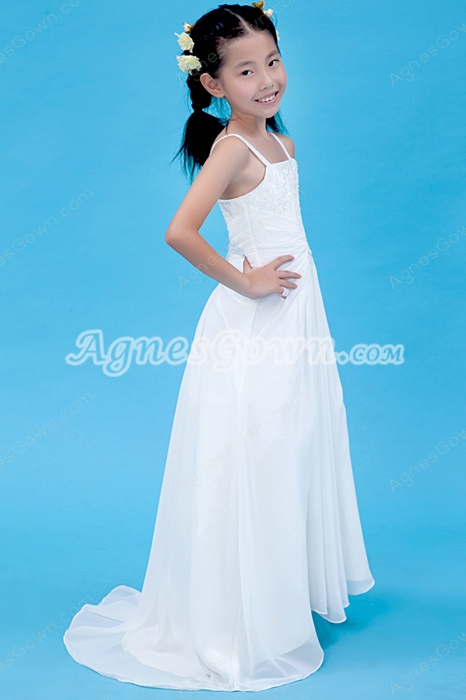 A-line Spaghett Straps White Chiffon Summer Flower Girl Dress 