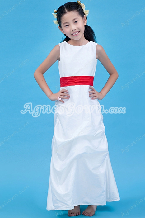 Ankle Length White Taffeta Mini Bridal Dress With Red Sash 
