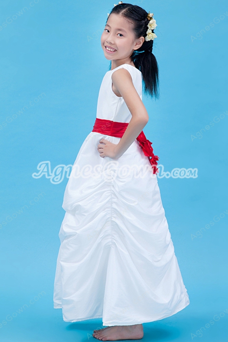 Ankle Length White Taffeta Mini Bridal Dress With Red Sash 