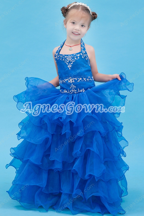Lovely Halter Puffy Floor Length Royal Blue Organza Flower Girl Dress 