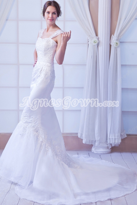 Exclusive Straps Full Length Mermaid/Trumpet Organza Wedding Dress With Lace Appliques 