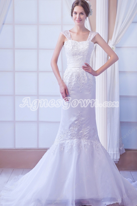Exclusive Straps Full Length Mermaid/Trumpet Organza Wedding Dress With Lace Appliques 