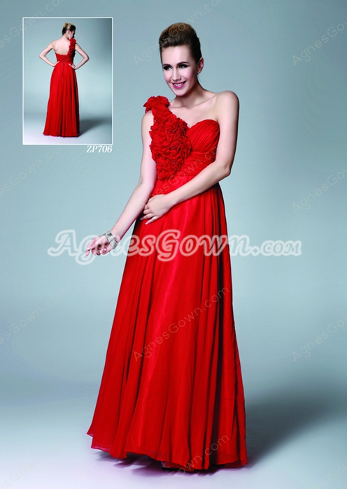 One Shoulder Column Full Length Red Chiffon Bridesmaid Dress 