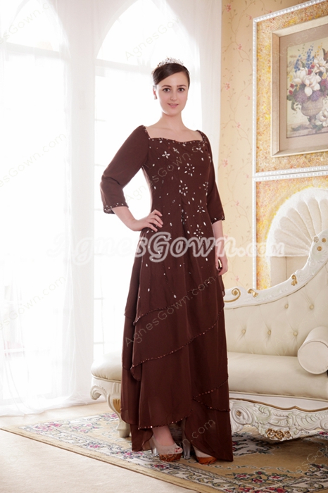 3/4 Sleeves High Low Hem Brown Chiffon Mother Of The Bride Dress  