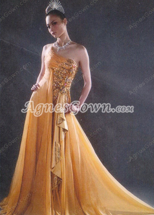 Elegance One Shoulder A-line Orange Chiffon Evening Dress 