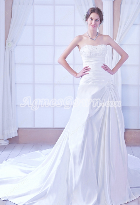 Strapless A-line Satin Plus Size Wedding Dress With Chapel Train 