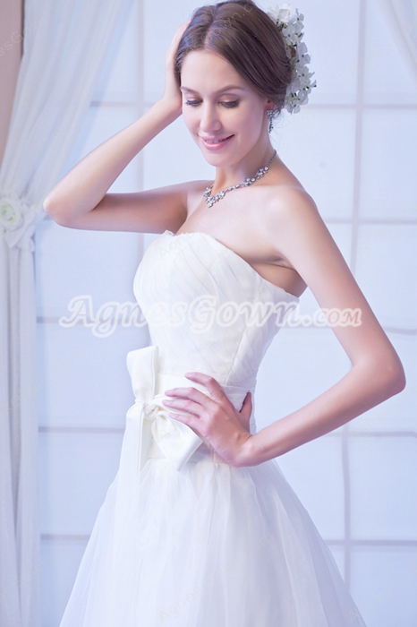 Beautiful Dipped Neckline White Organza Princess Wedding Gown 