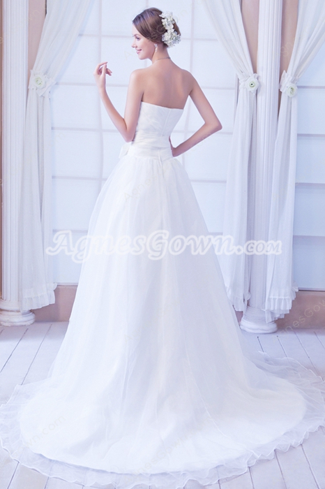 Beautiful Dipped Neckline White Organza Princess Wedding Gown 