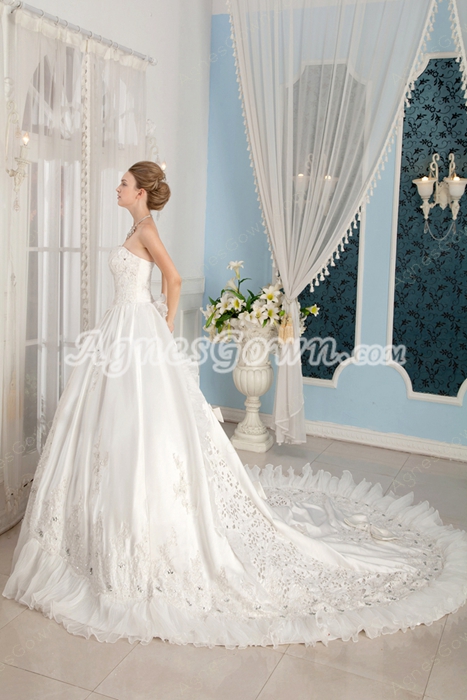 Gorgeous Cathedral Train Floor Length Princess Wedding Dress With Bowknot 