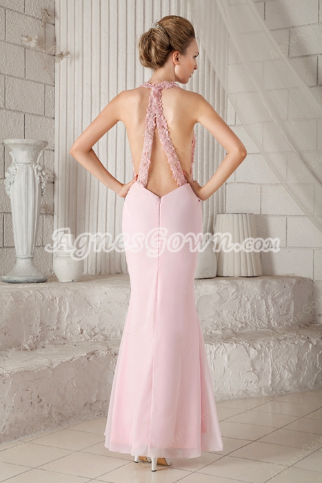 Sexy Halter Sheath Floor Length Pink Chiffon Informal Evening Gown 