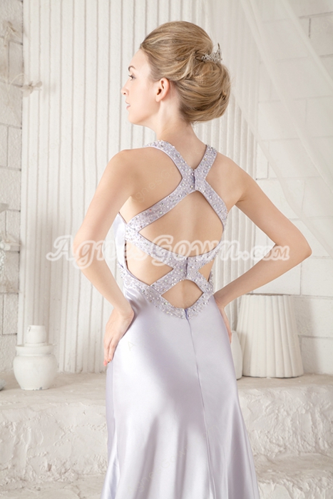 Crossed Straps Back A-line Silver Satin Prom Dress With Exquisite Handwork 