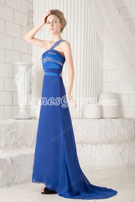 One Shoulder A-line Royal Blue Chiffon Evening Dress Front Slit