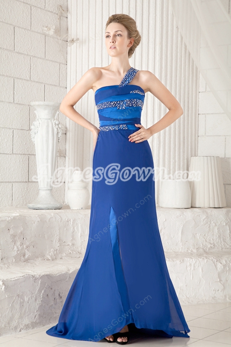 One Shoulder A-line Royal Blue Chiffon Evening Dress Front Slit