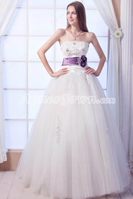 Delish Strapless Ball Gown White Tulle Quinceanera Dress With Purple Sash 