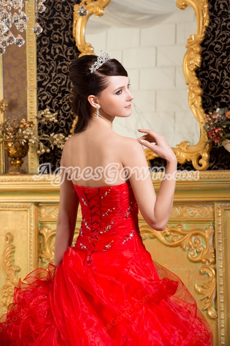 Cute Red Organza Ball Gown Sweet 15 Dress With Folded Handwork