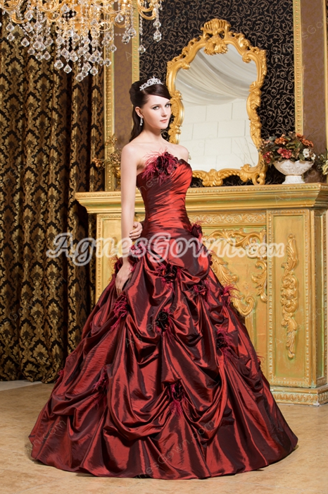 Sweetheart Ball Gown Burgundy Taffeta Sweet 15 Dress With Feathers