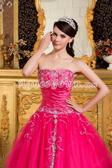 Best Strapless Ball Gown Hot Pink Tulle Sweet 15 Dress With Diamonds 
