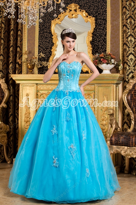 Cheap Sweetheart Blue Organza Ball Gown Sweet 15 Dress 
