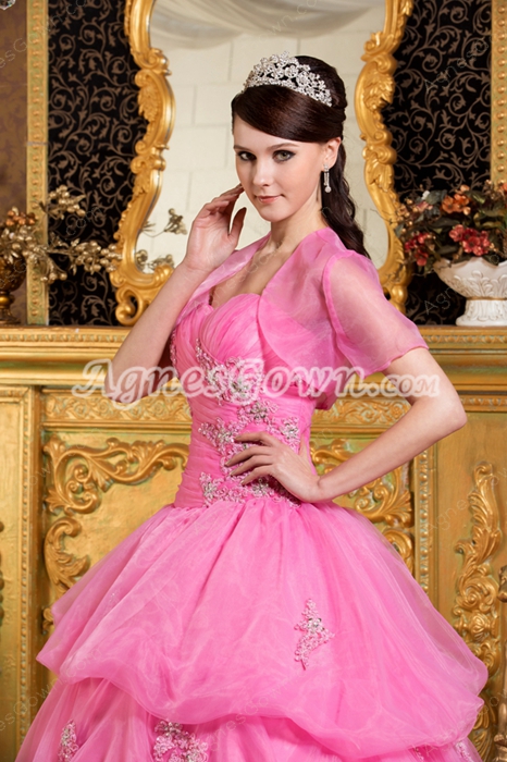 Beautiful Sweetheart Pink Organza Ball Gown Sweet 15 Dress With Short Sleeves Bolero 