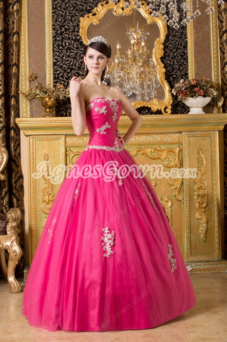 Dipped Neckline Ball Gown Hot Pink Tulle Sweet Fifteen Dress 