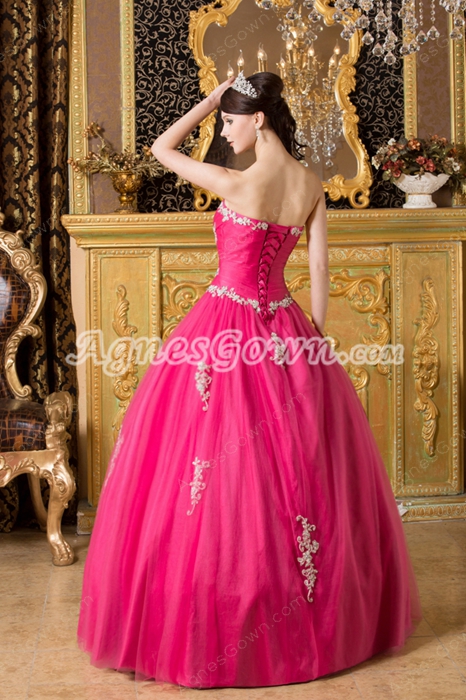 Dipped Neckline Ball Gown Hot Pink Tulle Sweet Fifteen Dress 