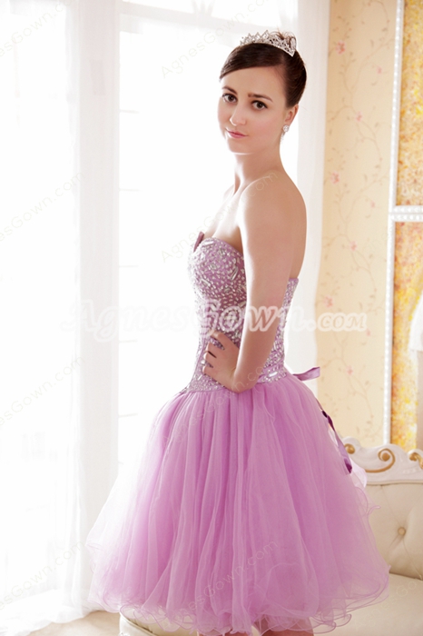 Cute Mini Length Sweetheart Lilac Tulle Sweet Sixteen Dress With Beads 