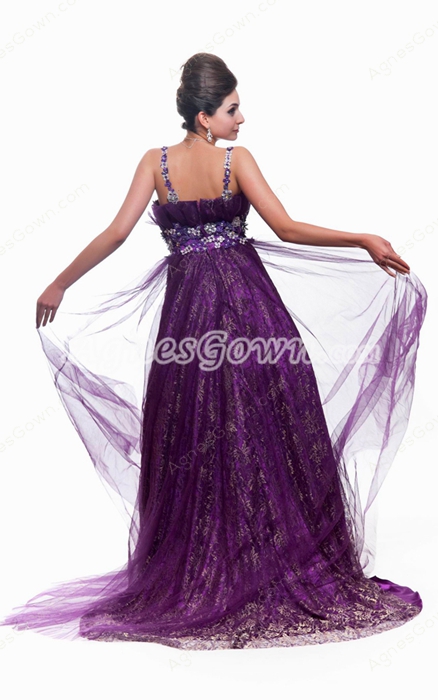Mysterious Double Straps Purple Tulle Prom Dress 
