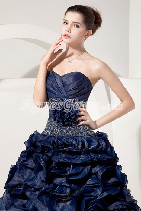 Dark Navy Organza Ball Gown Sweet 15 Dress With Multi Ruffles 