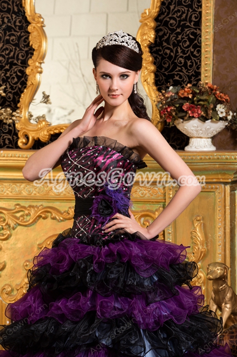 Gothic Purple And Black Organza Sweet 15 Dress With Multi Ruffled 