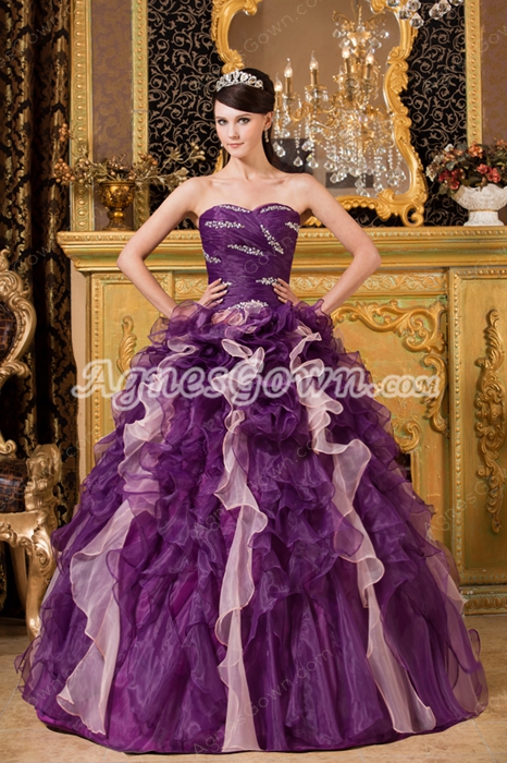 Adorable Dipped Neckline Purple And Pink Organza Ball Gown Quinceanera Dress  